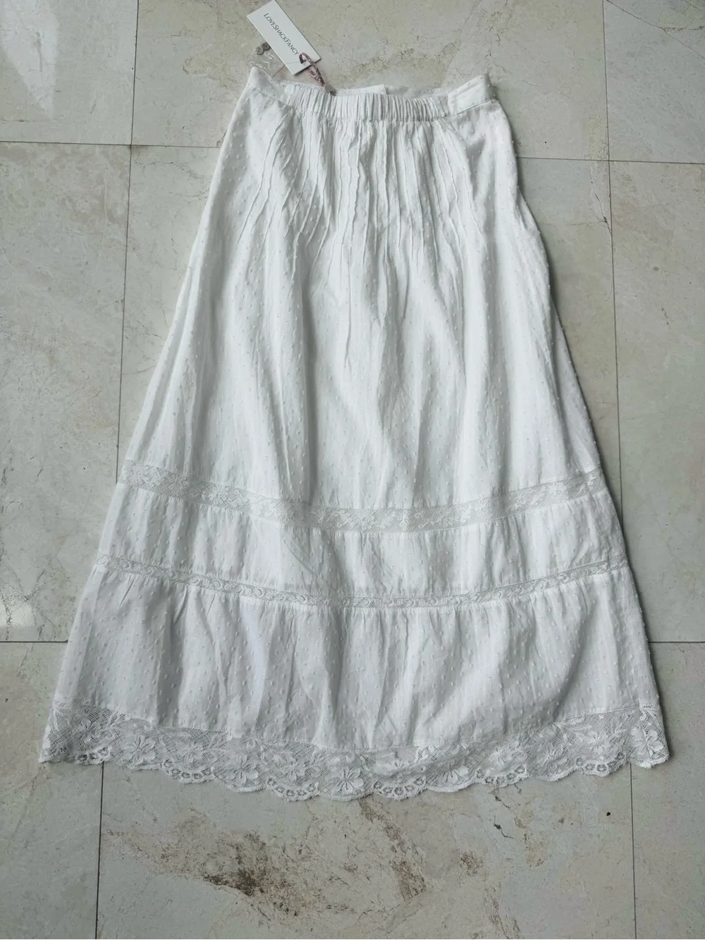 LoveShackFancy Alessia White Button-Front Maxi Skirt Elegant Lace Panel size 00
